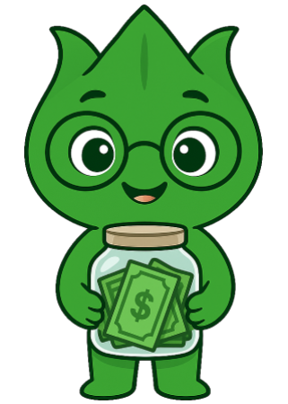 Sprigg mascot holding a savings jar